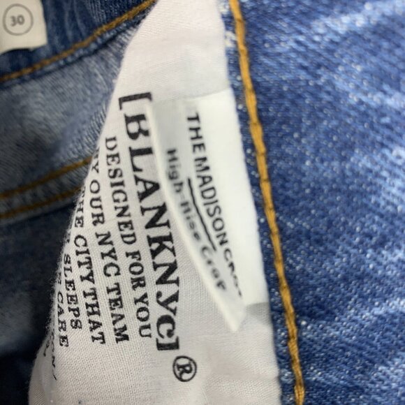 BlankNYC Jeans Madison Crop Blue Distressed Denim Raw Hem - Picture 4 of 12